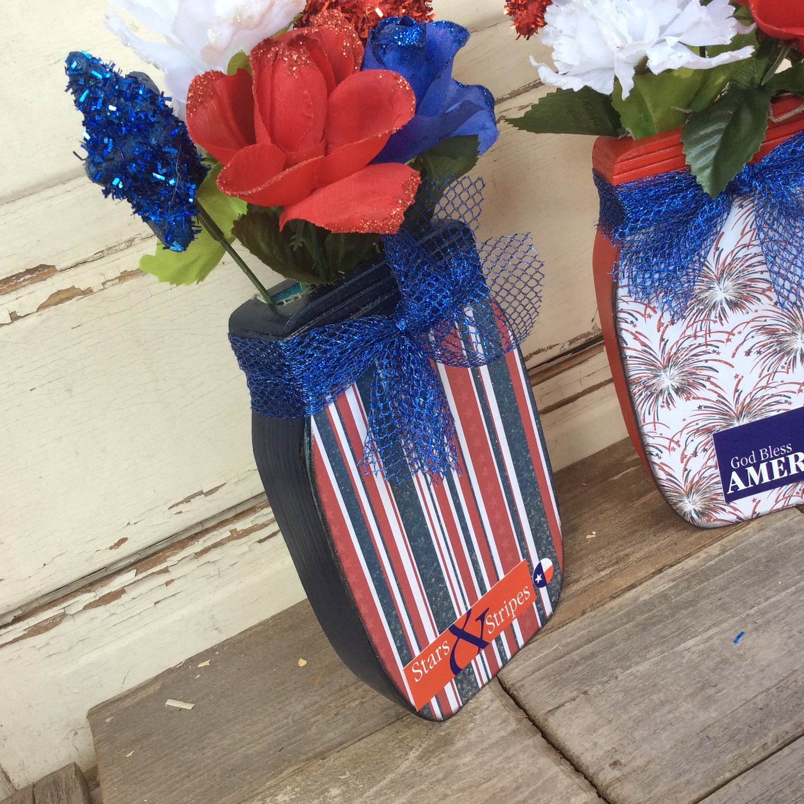 AGD Patriotic Decor - God Bless Stars Stripes Floral Wood Mason Jar 2pc Set
