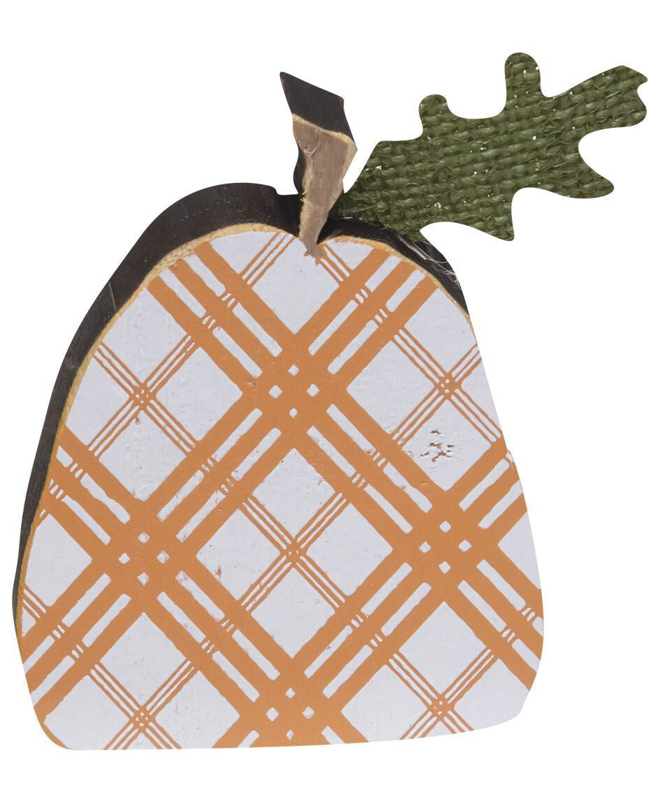 CH Fall Decor -  Small Prim Brown Orange Plaid Wood Pumpkin Sitters 2pc