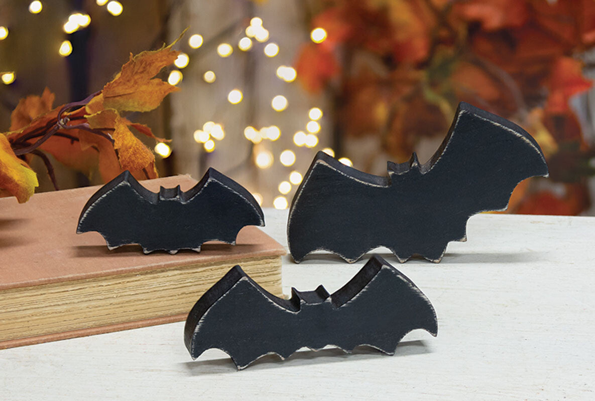 CWI Halloween Decor - Chunky Wood Silhouette Black Bats 3pc Set