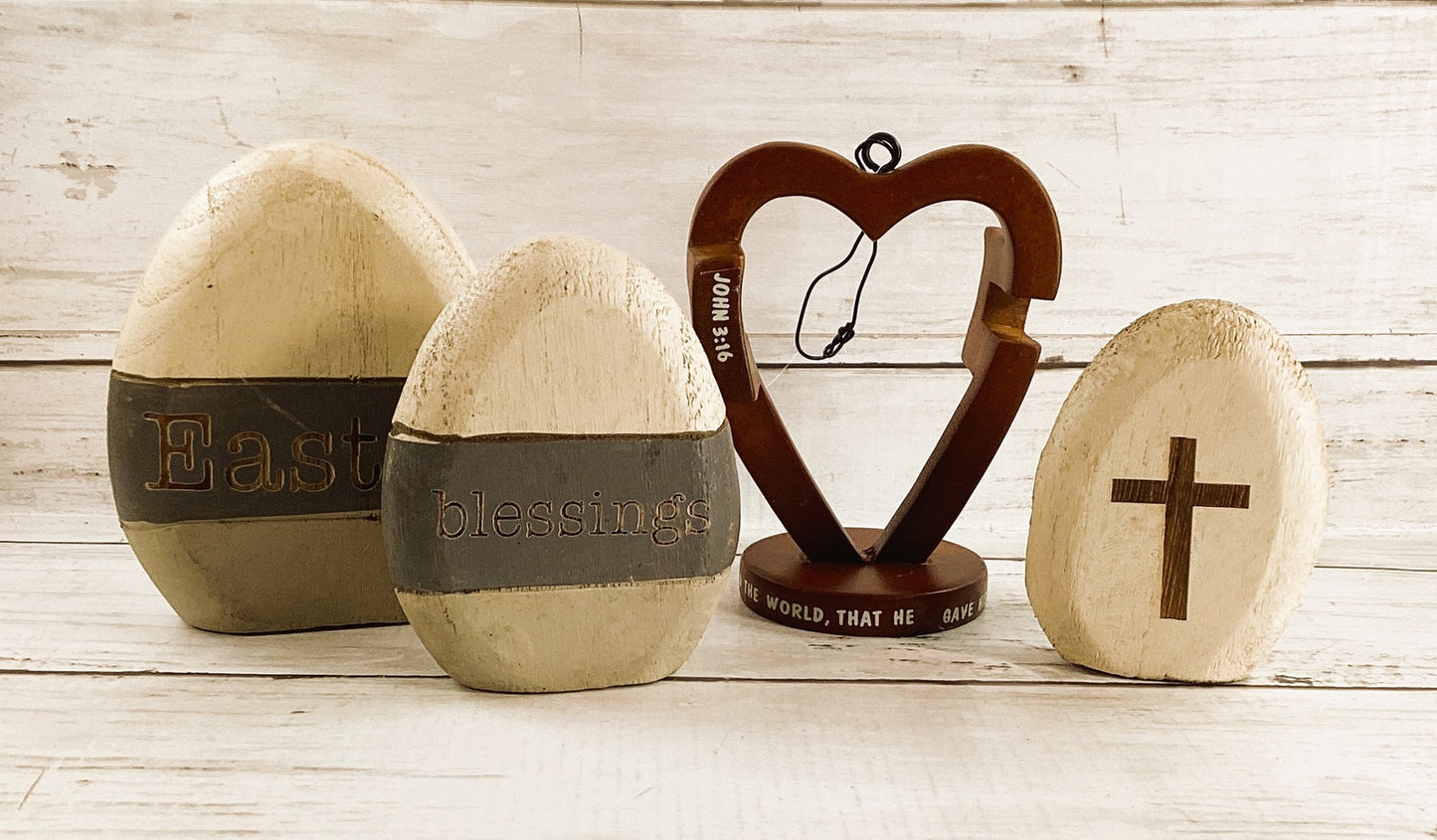 CWI Spring Decor - Easter Blessings Wood Eggs & Heart Cross Display
