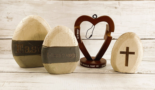 CWI Spring Decor - Easter Blessings Wood Eggs & Heart Cross Display
