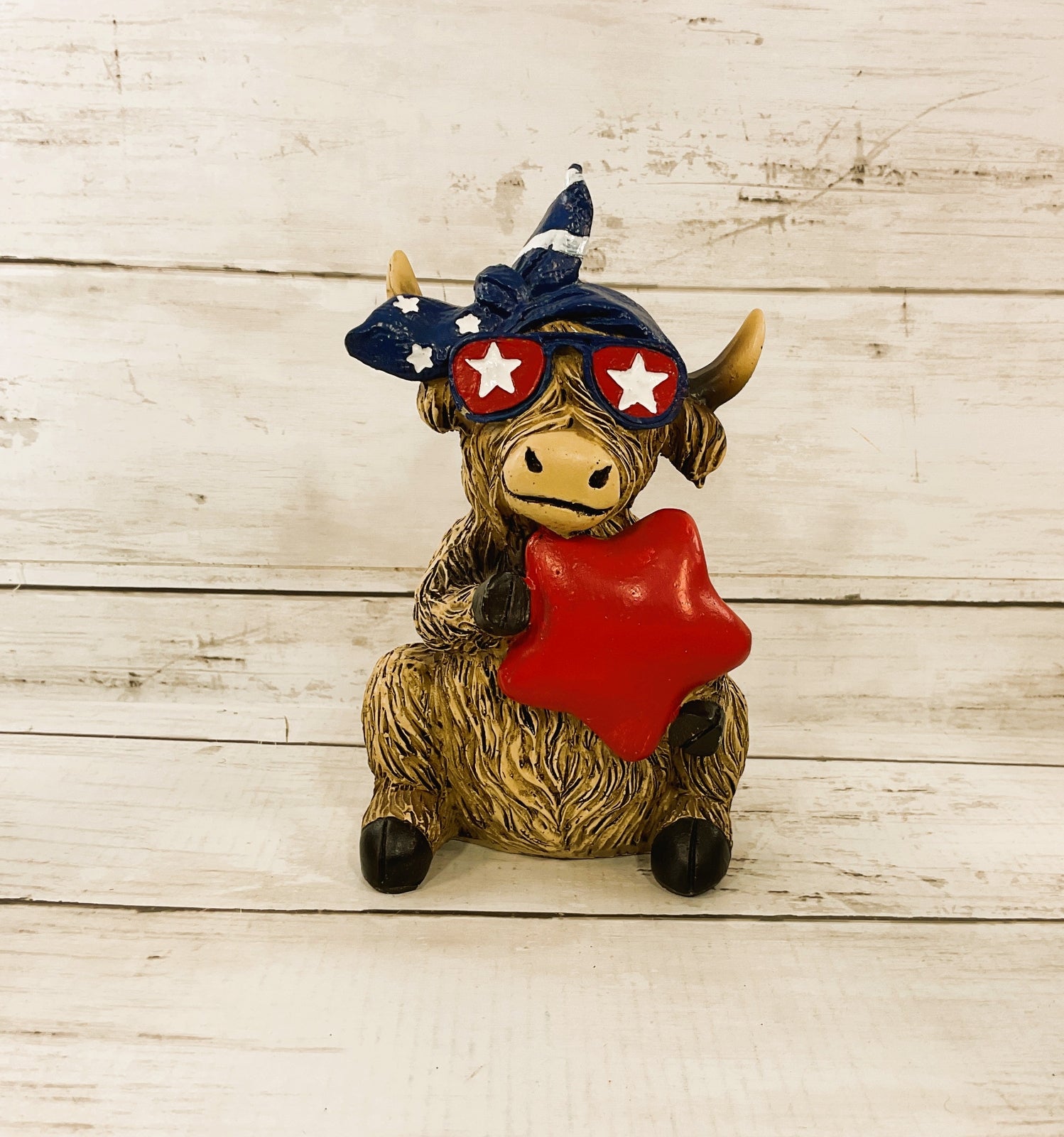 Patriotic Decor - July 4th Resin Highland Cow Lg Figurines 3pc Bonus Sign