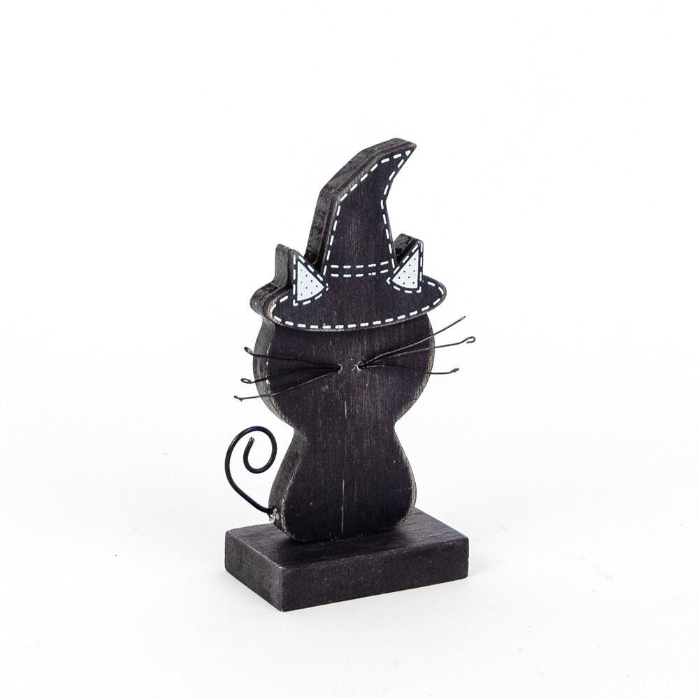 Adams & Co. Halloween Decor - Cute Black Cat Witch Hat Wood Sitter