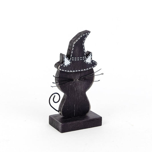 Adams & Co. Halloween Decor - Cute Black Cat Witch Hat Wood Sitter
