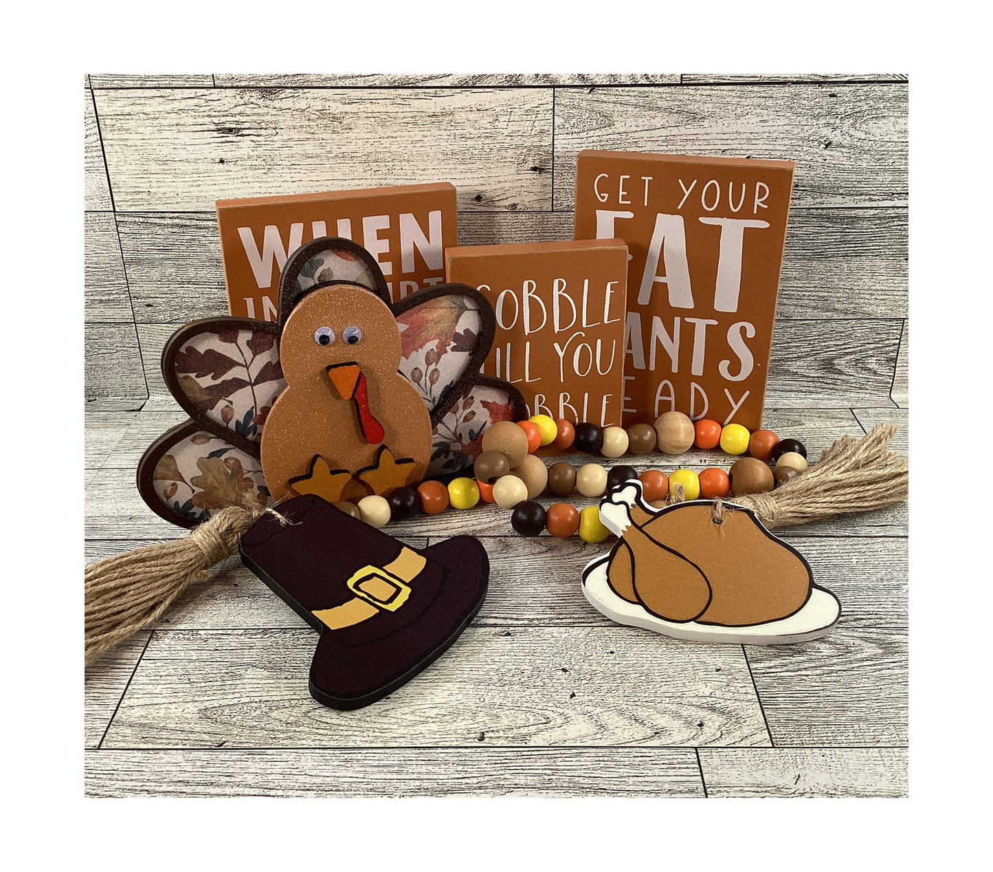 AGD Fall Decor - Wood Turkey Gobble Fat Pants Gravy Pilgrim Garland Tier Tray