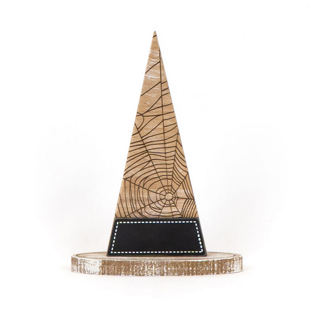 Adams & Co. Halloween Decor - Spider Web Engraved Witch Hat Wood Sitter