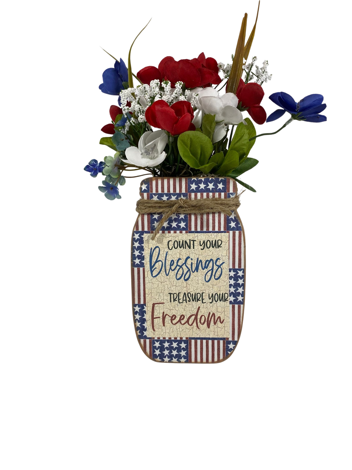 AGD Patriotic Decor -Count Blessings Treasure Freedom Floral Wood Mason Jar