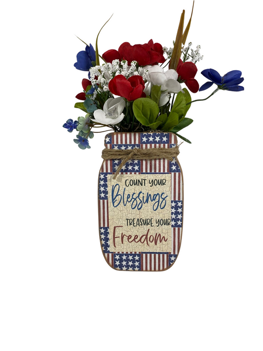 AGD Patriotic Decor -Count Blessings Treasure Freedom Floral Wood Mason Jar