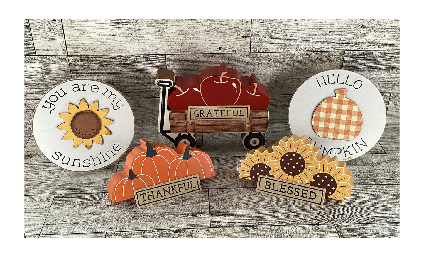 AGD Fall Decor - Chunky Wood Wagon Apple Sunflower Pumpkin Tier Tray