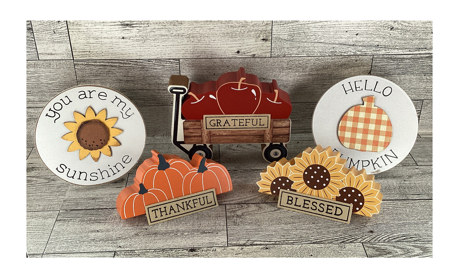 AGD Fall Decor - Chunky Wood Wagon Apple Sunflower Pumpkin Tier Tray