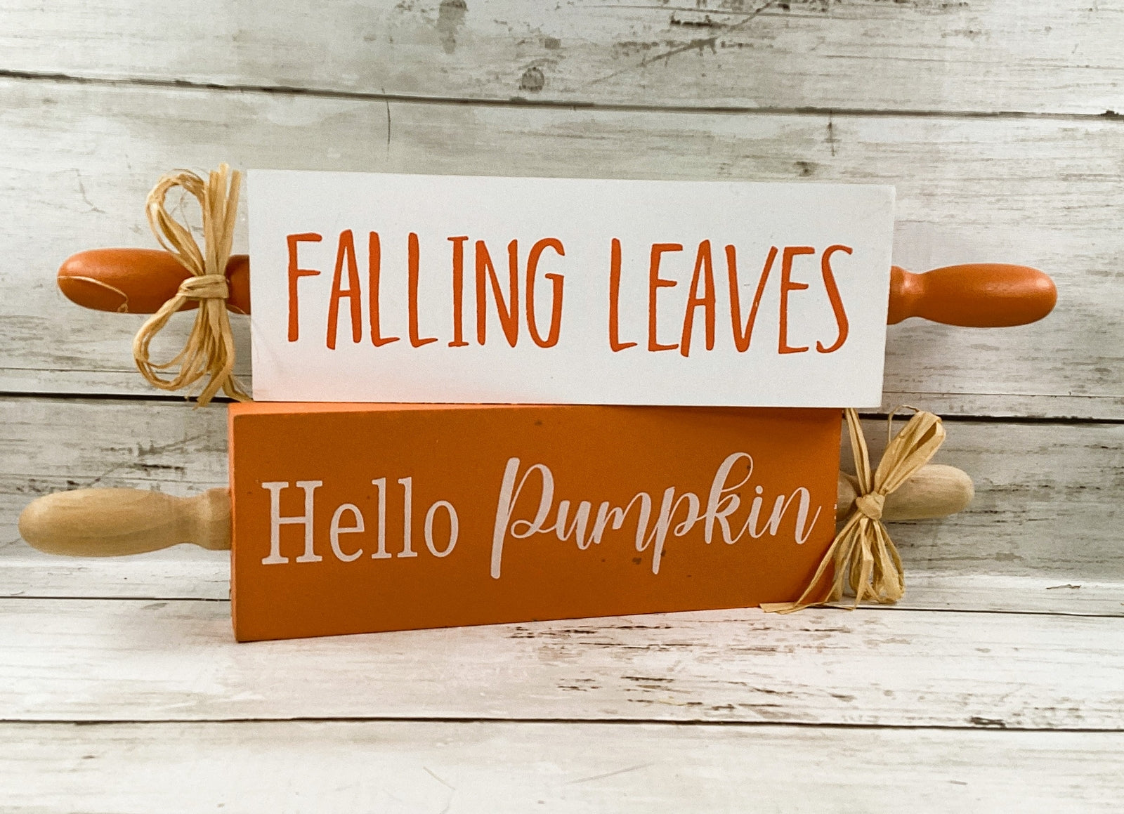 AGD Fall Decor - Falling Leaves Hello Pumpkin Wood Rolling Pin Signs 2pc