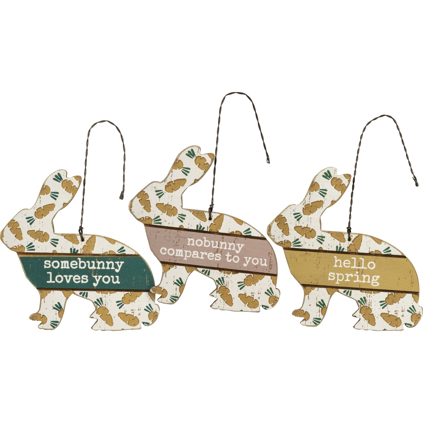 PBK  Easter Spring Decor - Wood Debossed Small Bunny Ornaments 3pc Set