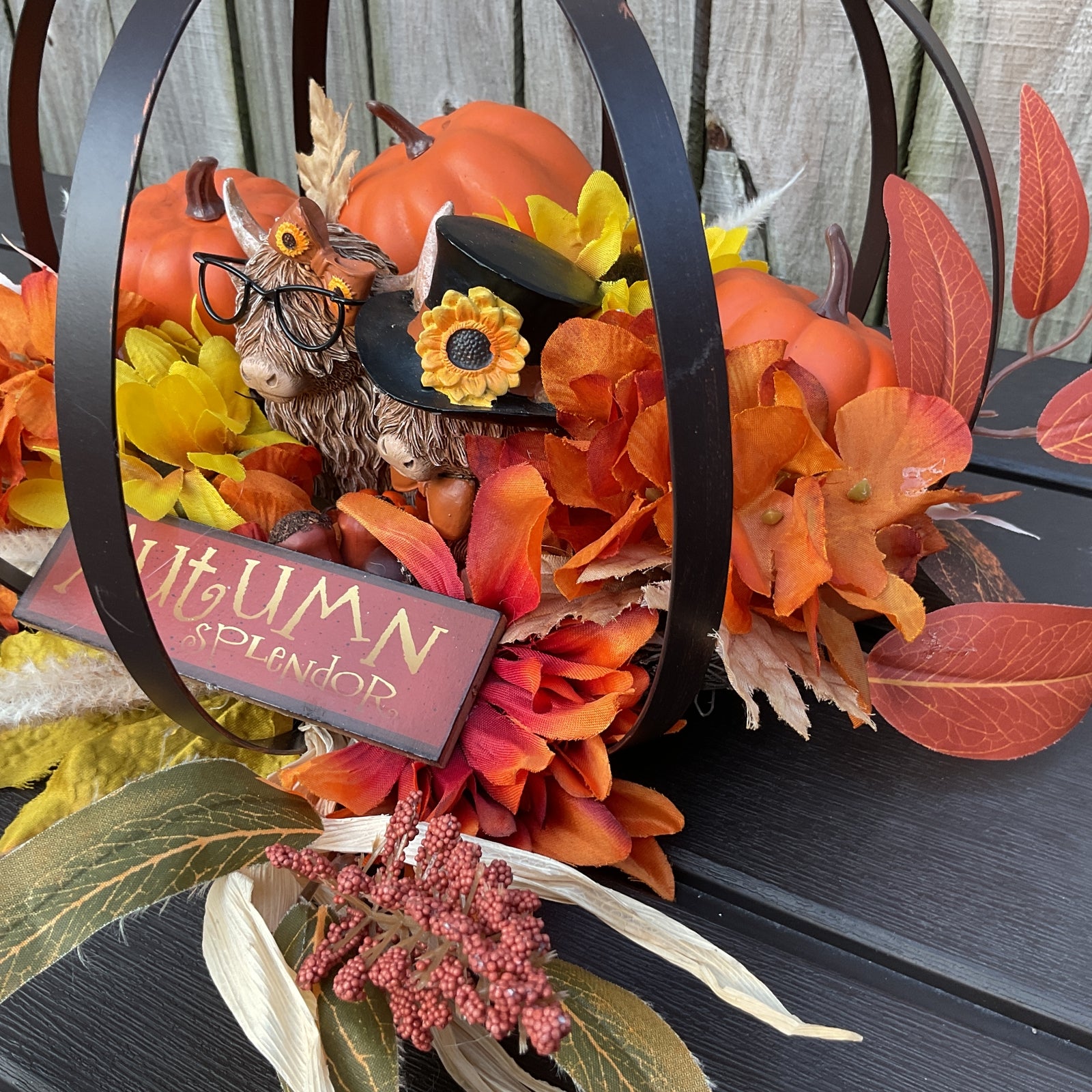 AGD Fall Decor -Highland Cow Metal Pumpkin Floral Centerpiece Display