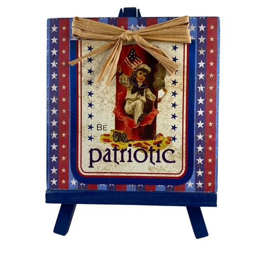 AGD Patriotic Decor - Vintage Patriotic Boy Waving Flag Easel Display