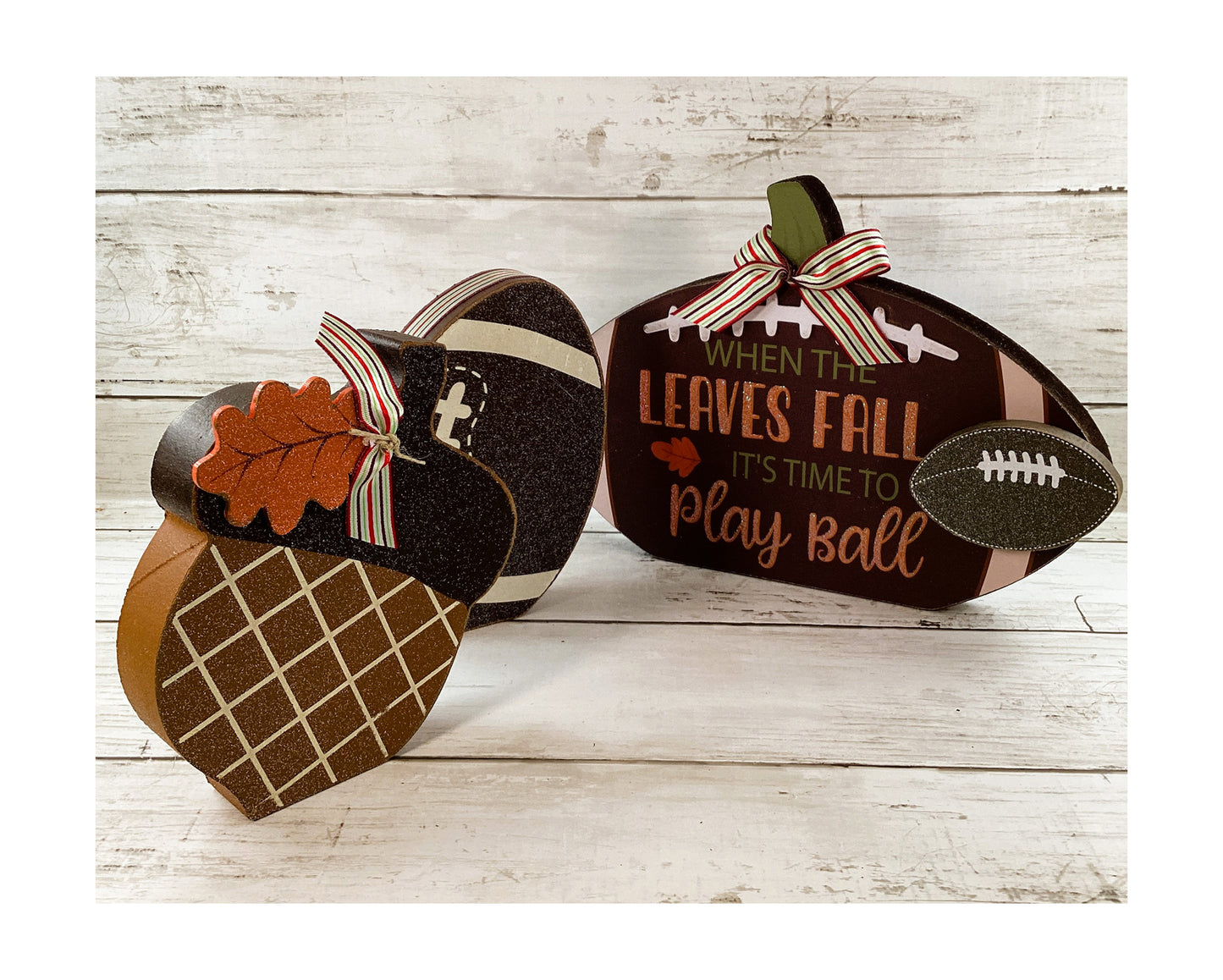 AGD Fall Decor - Leaves Fall Play Ball Football Acorn Wood Sitters 3pc Set
