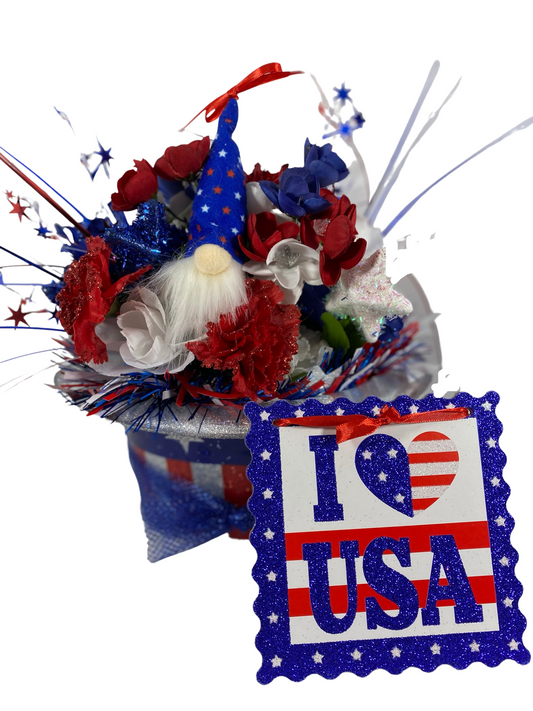 AGD Patriotic Decor  - Love the USA July 4th Gnome Floral Hat Centerpiece