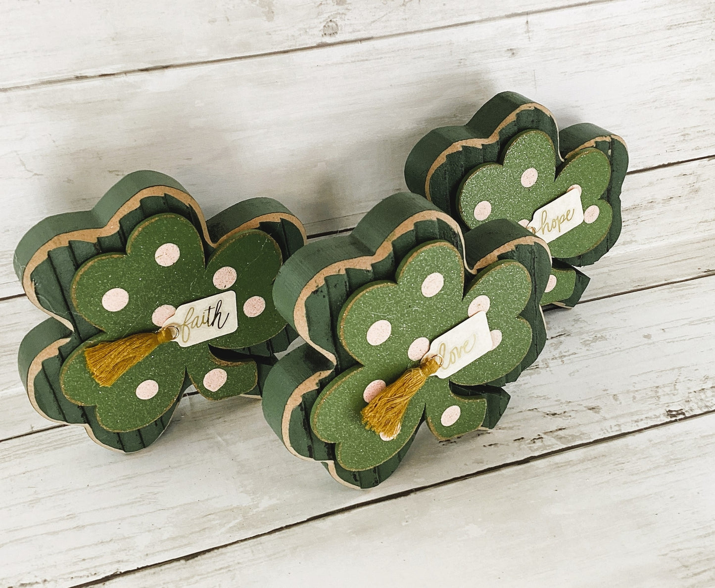 AGD St Patricks Decor - Faith Hope Love Wood Shamrock 3pc Set