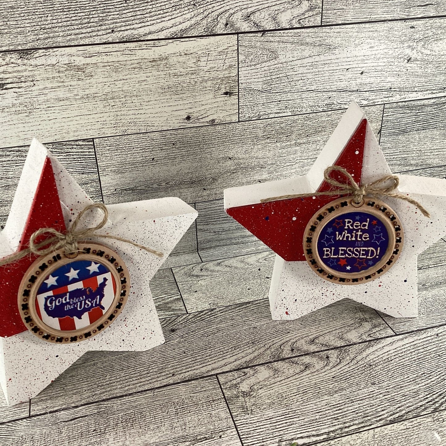 AGD Patriotic Decor - Red White God Bless Star Chunky Wood Sitter 2pc Set