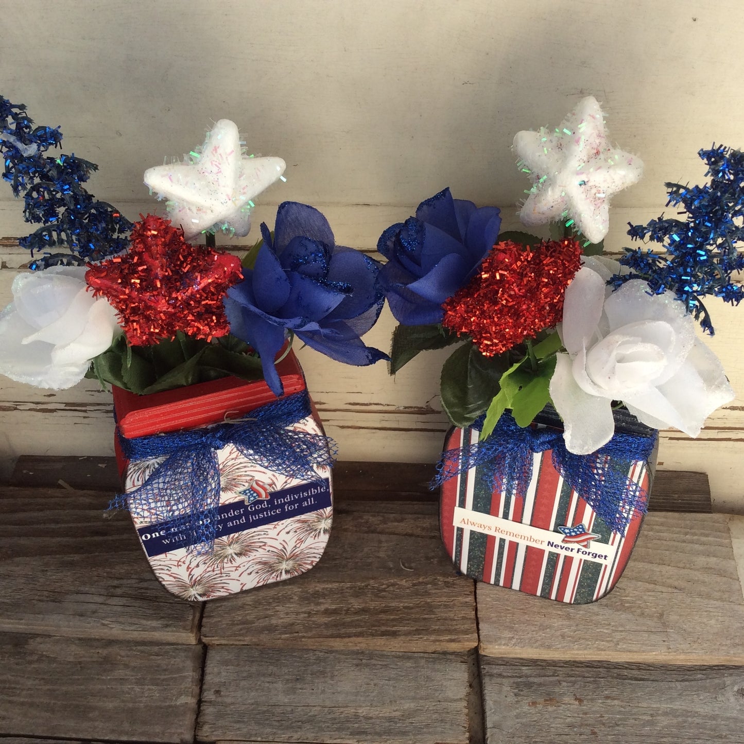 AGD Patriotic Decor - One Nation Sept 11th Floral Wood Mason Jar 2pc Set