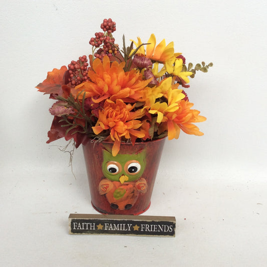 AGD Fall Decor - Owl Tin Filled Artificial Floral Display