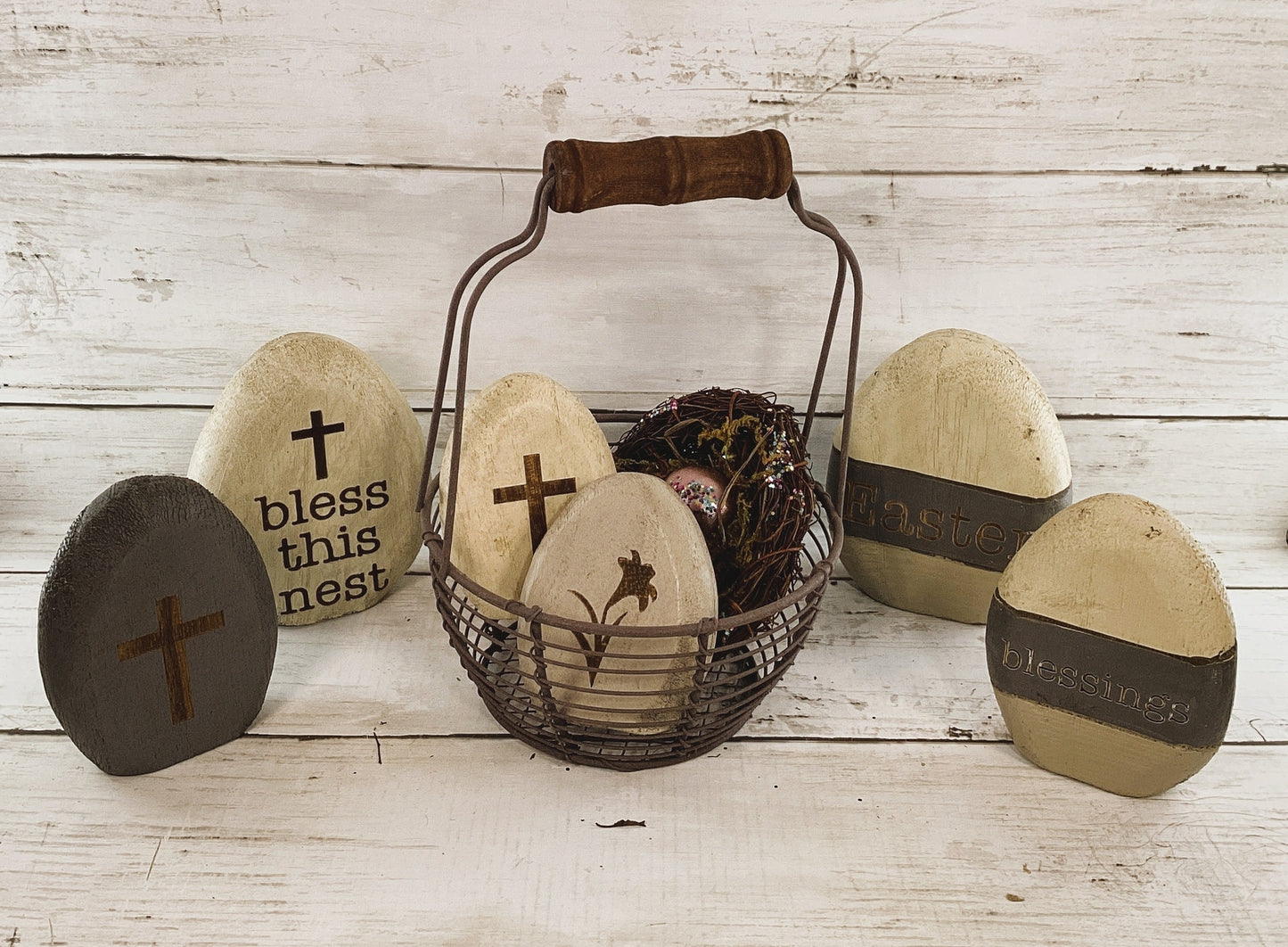 CWI Easter Decor - Prim Egg Basket Wood Eggs Birds Nest Bundle