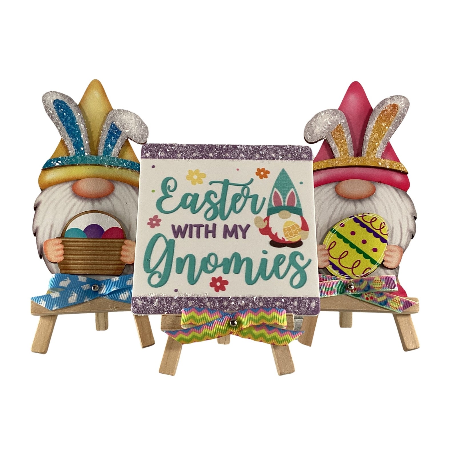 AGD Easter Decor - Wood Gnome Glitter Bunny Rabbit Tier Tray 3pc Set