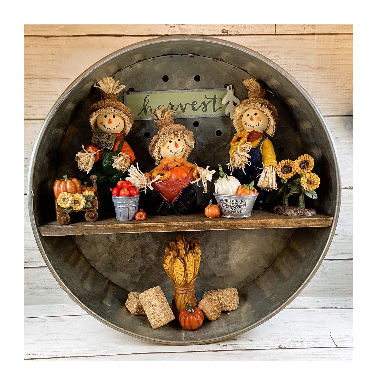 AGD Fall Decor - Resin Scarecrows Village Scene Metal Wall Shelf