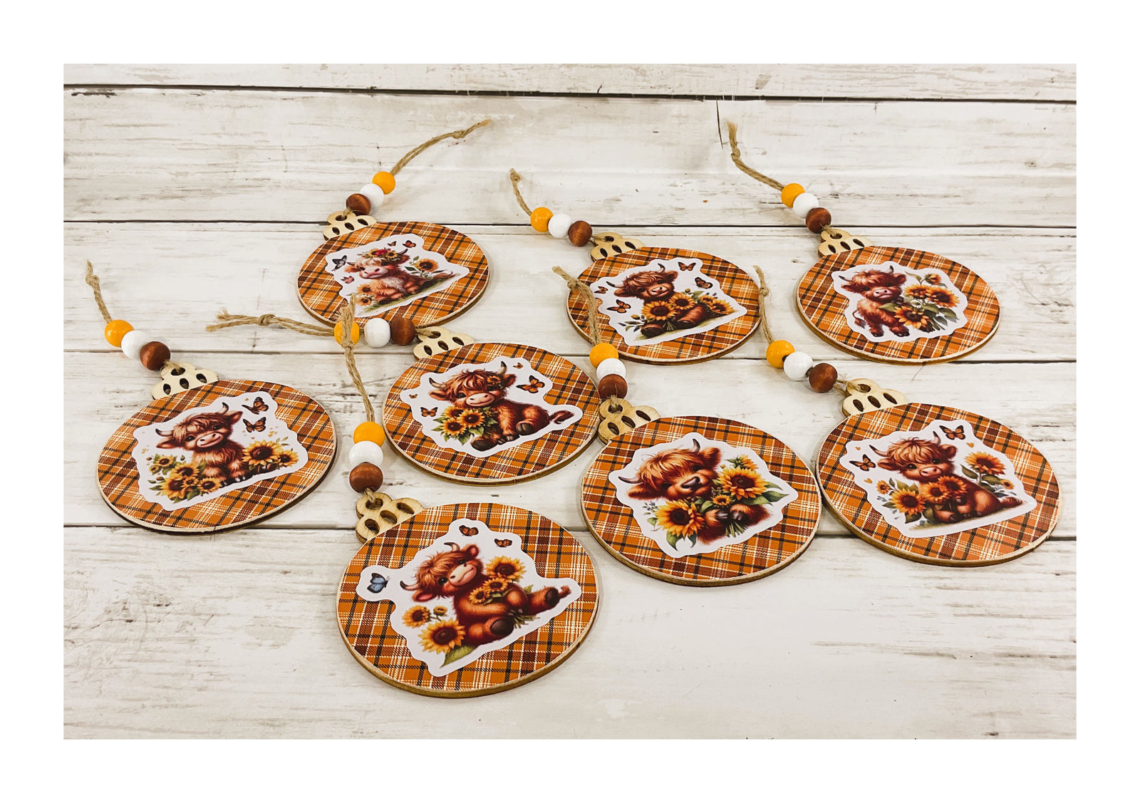 AGD Fall Decor - Sunflower Highland Cow Wood Ornaments 8pc Set