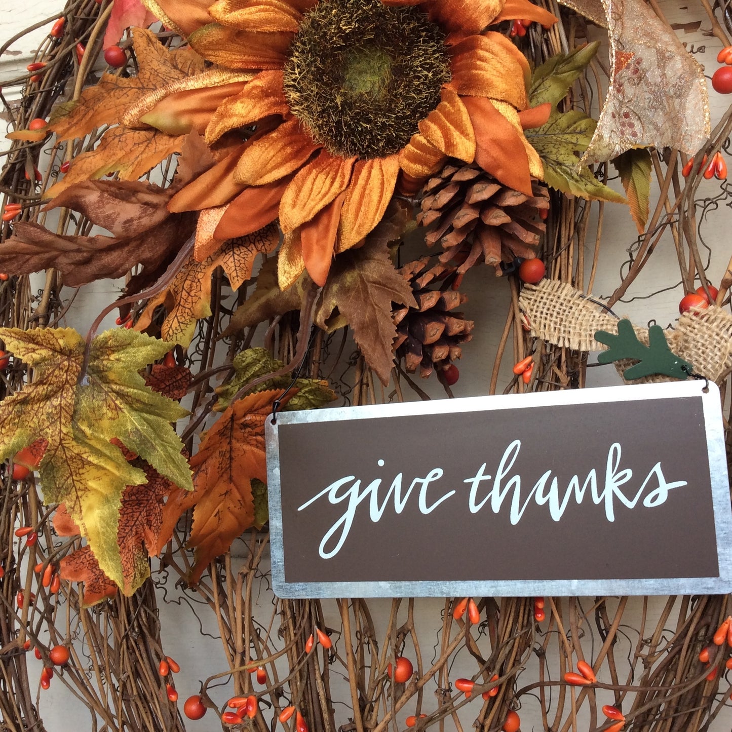AGD Fall Decor - Flat Grapevine Pumpkin Give Thanks XX Large Wreath
