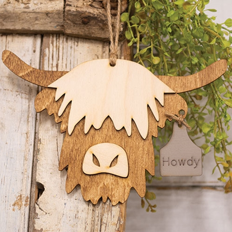 CWI Fall Decor - Wooden Howdy Layered Highland Cow Ornament
