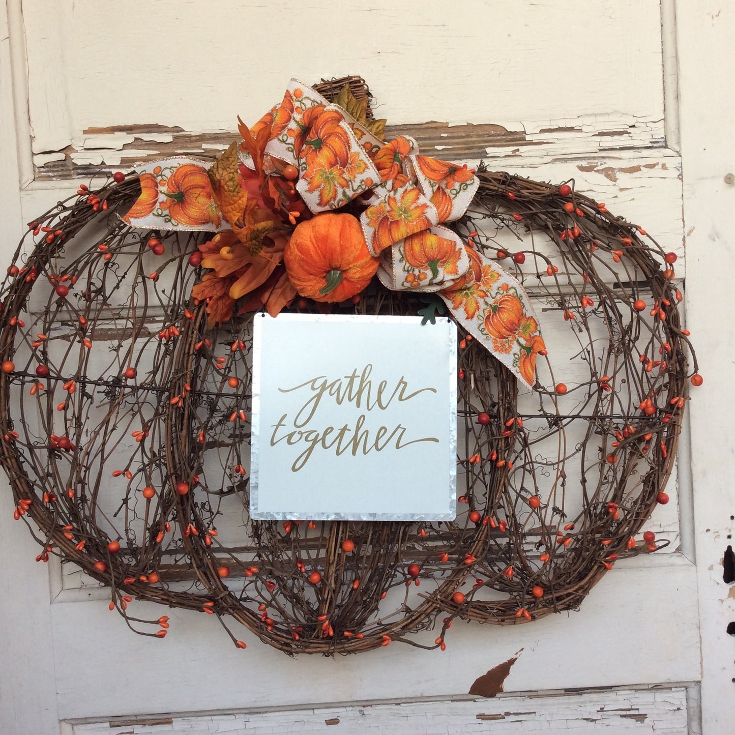 AGD Fall Decor - Flat Grapevine Pumpkin Gather Together XX Large Wreath