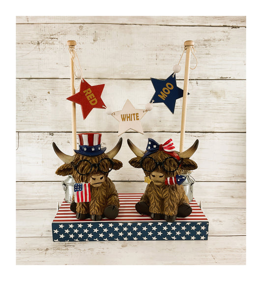 AGD Patriotic Decor - Red White Moo July 4th Highland Cows Banner Stand