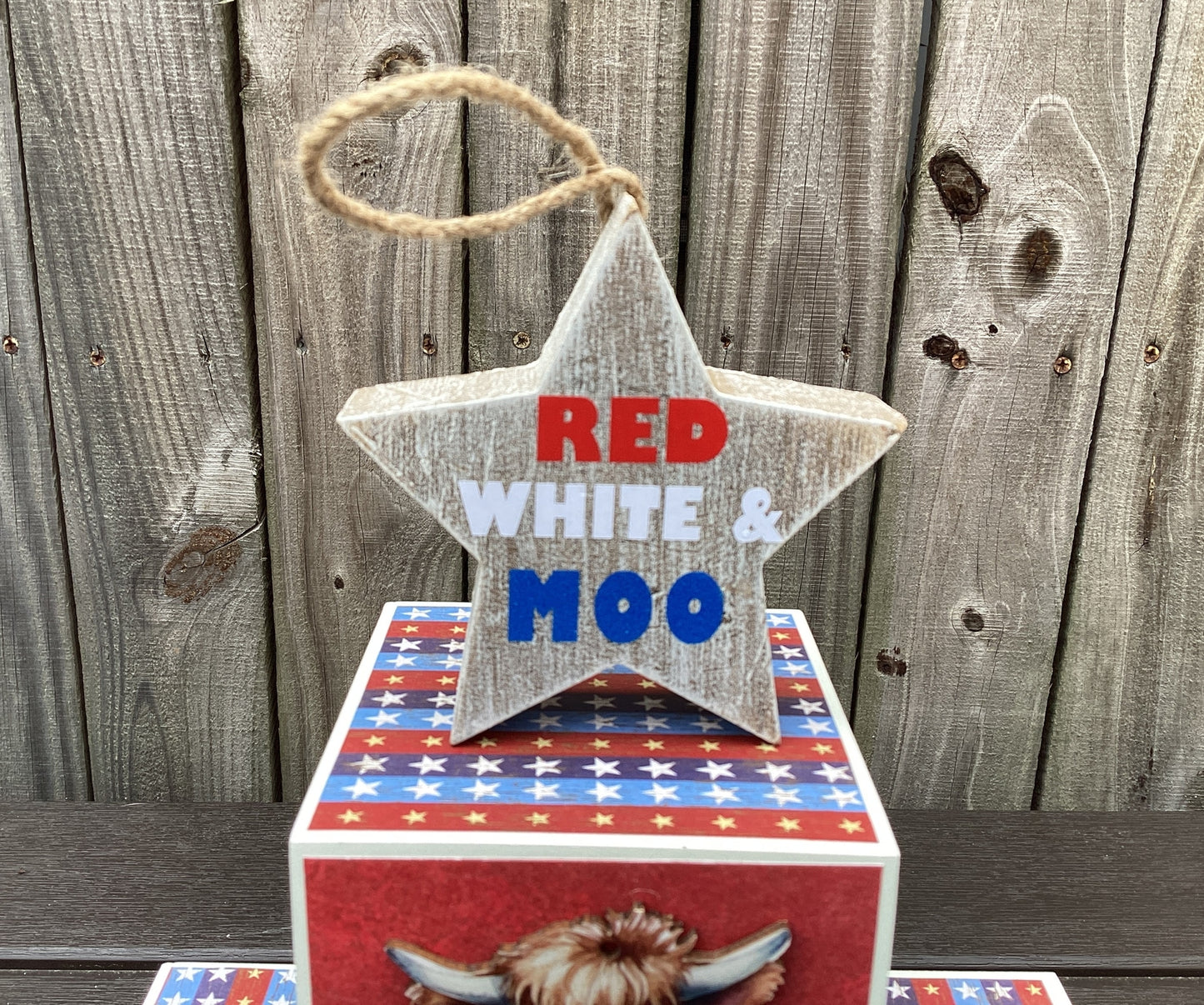 AGD Patriotic Decor - Red White Moo Highland Cow Block Signs 4pc
