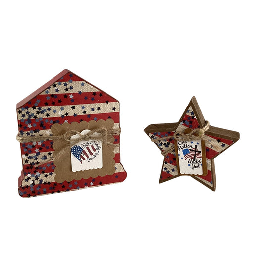 AGD Patriotic Decor - July 4th House and Star Chunky Wood Sitter 2pc Set