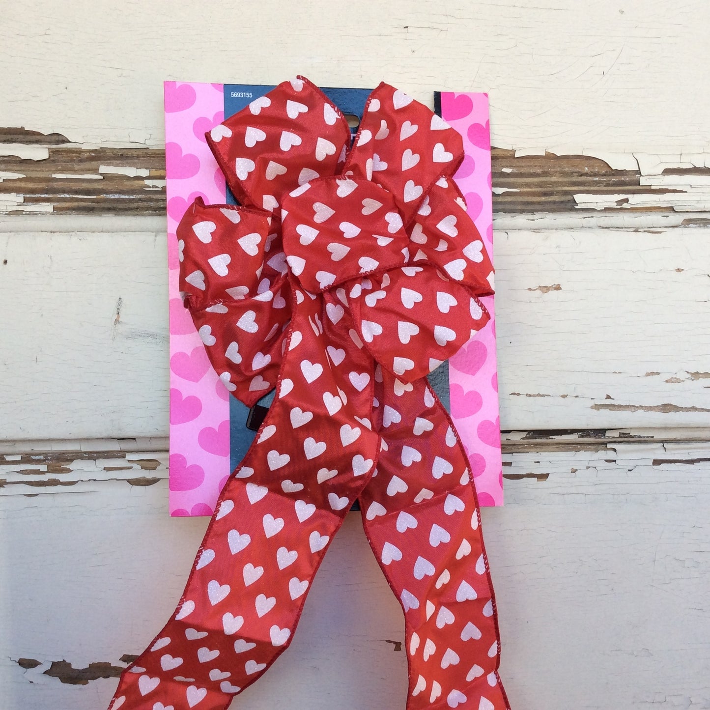 HL Valentines Decor - Premade Red White Glitter Heart 7 inch Bow