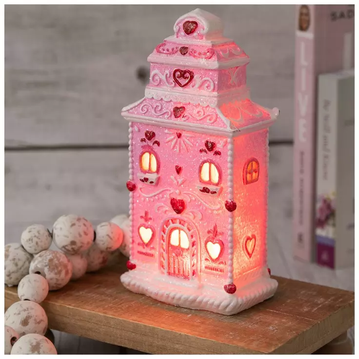 HL Valentines Decor - Pink White Glitter Light-Up Gingerbread House