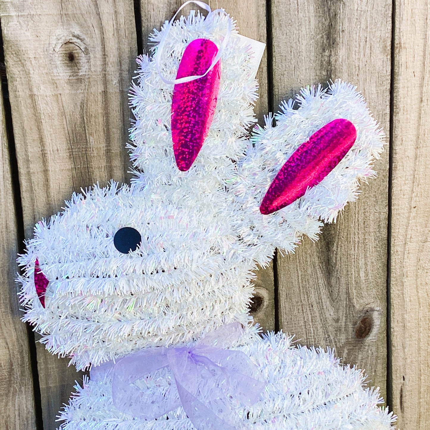 HL Easter Decor - Large White Tinsel Bunny Rabbit Wreath 20-inch