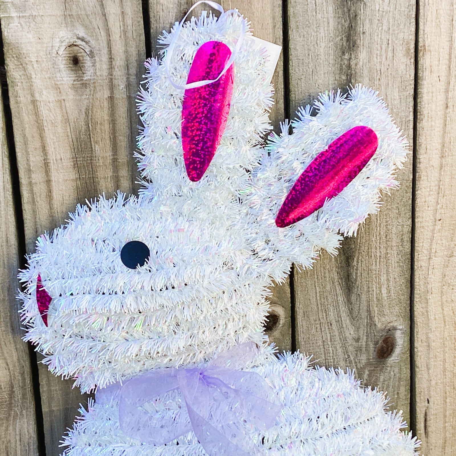 HL Easter Decor - Large White Tinsel Bunny Rabbit Wreath 20-inch