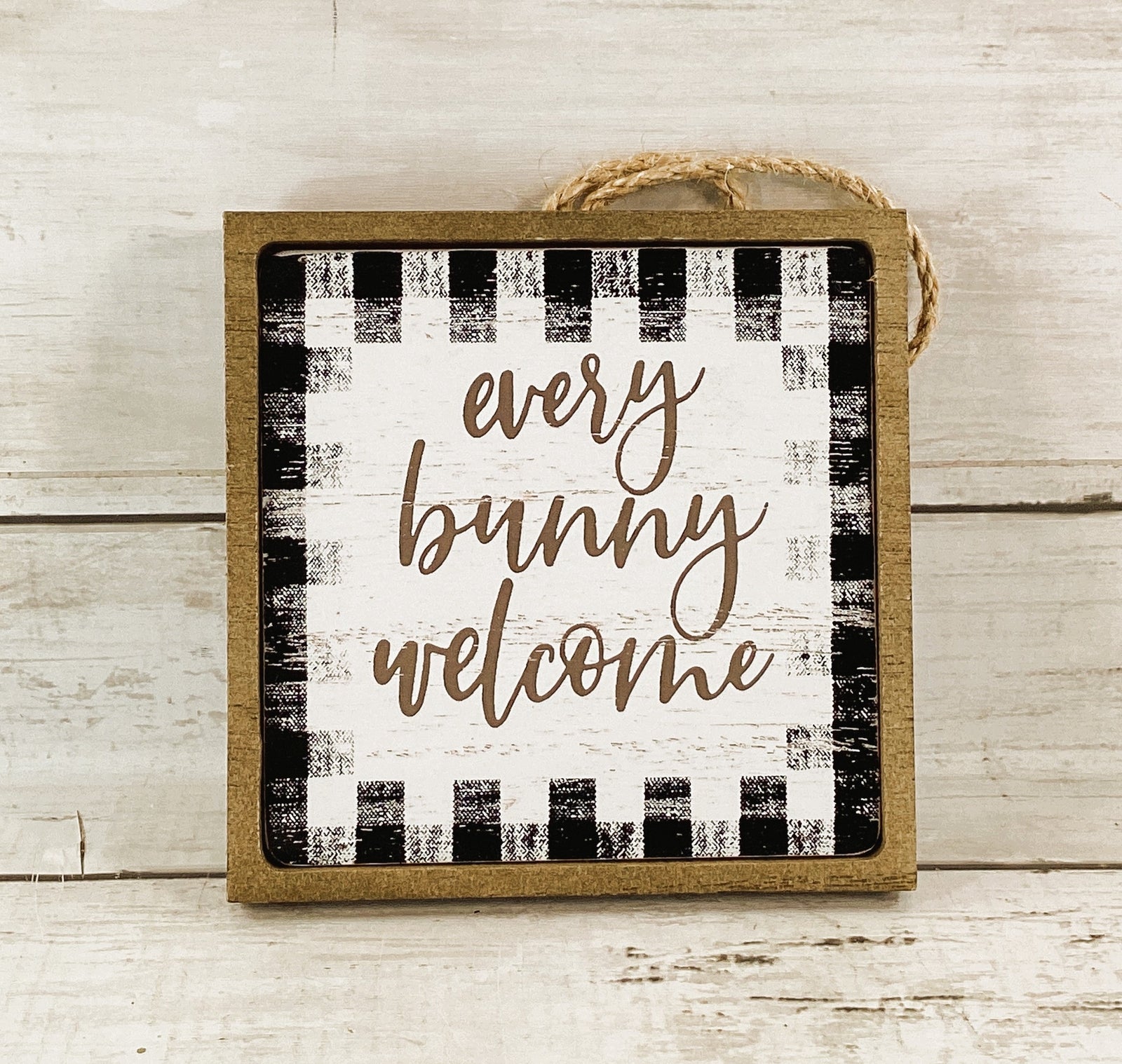 HL Easter Decor - Bunny Welcome Black White Plaid Sign 2pc Set