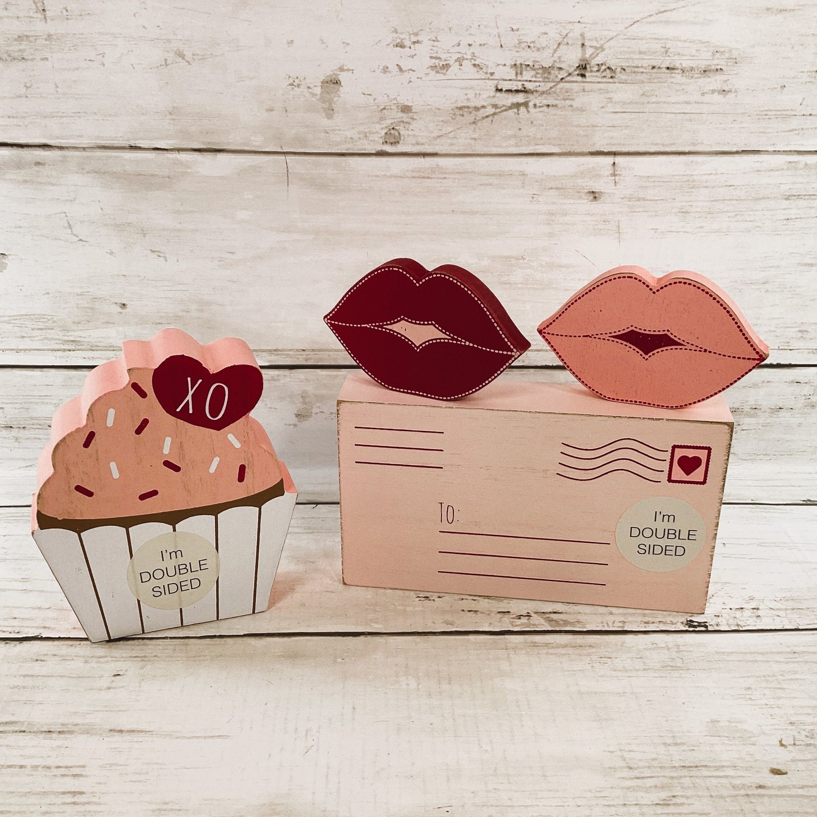 Adams Valentines Decor - Lips Cupcake Letter Reversible Chunky Wood 4pc