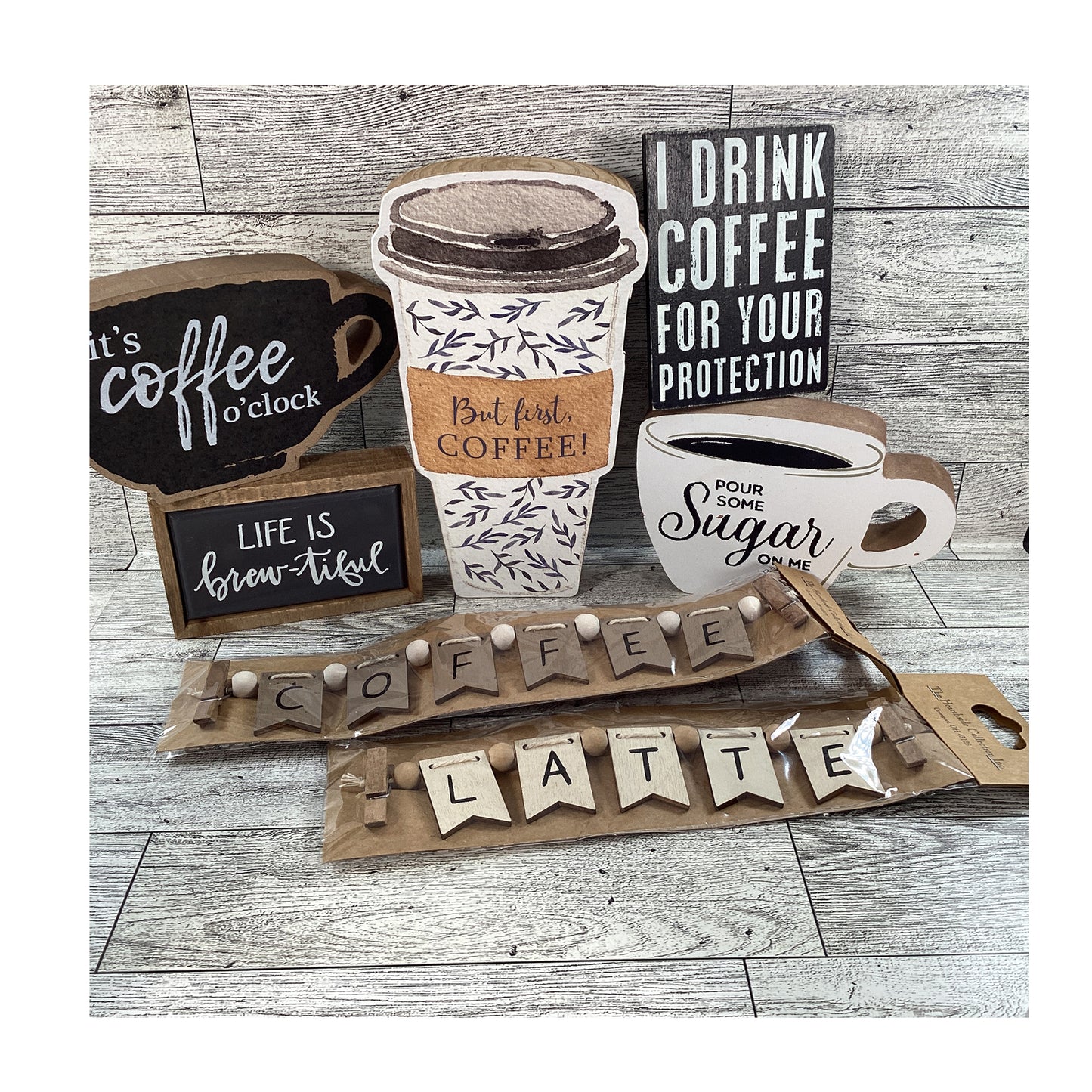 AGD Home Decor - Coffee Latte Bar Sayings Tier Tray Bundle 7pc Set