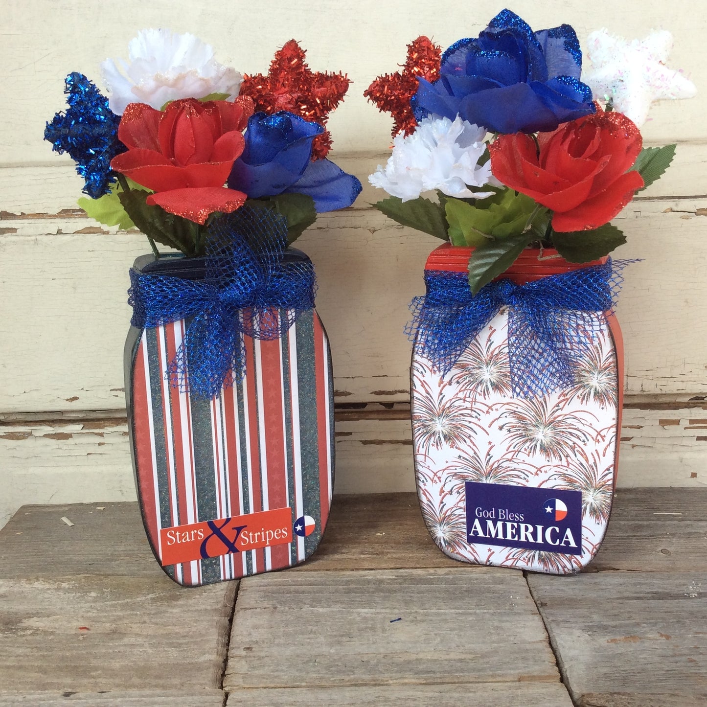 AGD Patriotic Decor - God Bless Stars Stripes Floral Wood Mason Jar 2pc Set