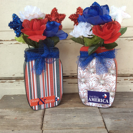 AGD Patriotic Decor - God Bless Stars Stripes Floral Wood Mason Jar 2pc Set
