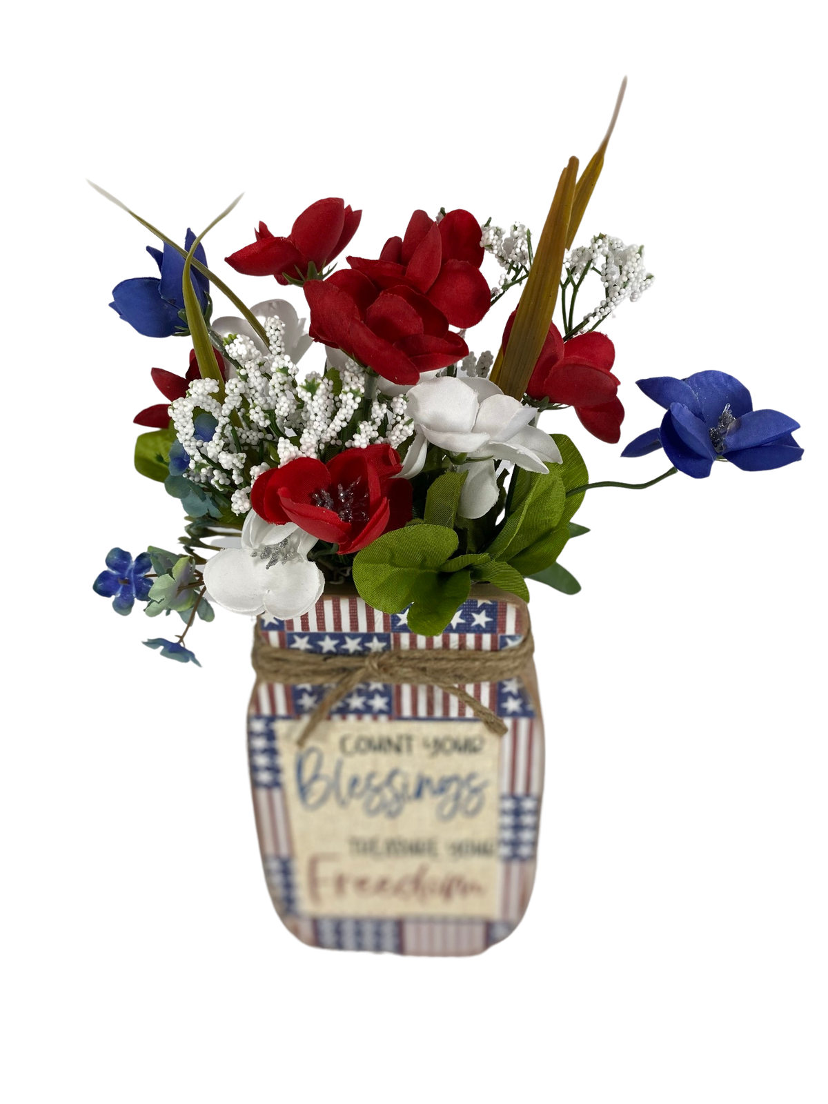 AGD Patriotic Decor -Count Blessings Treasure Freedom Floral Wood Mason Jar