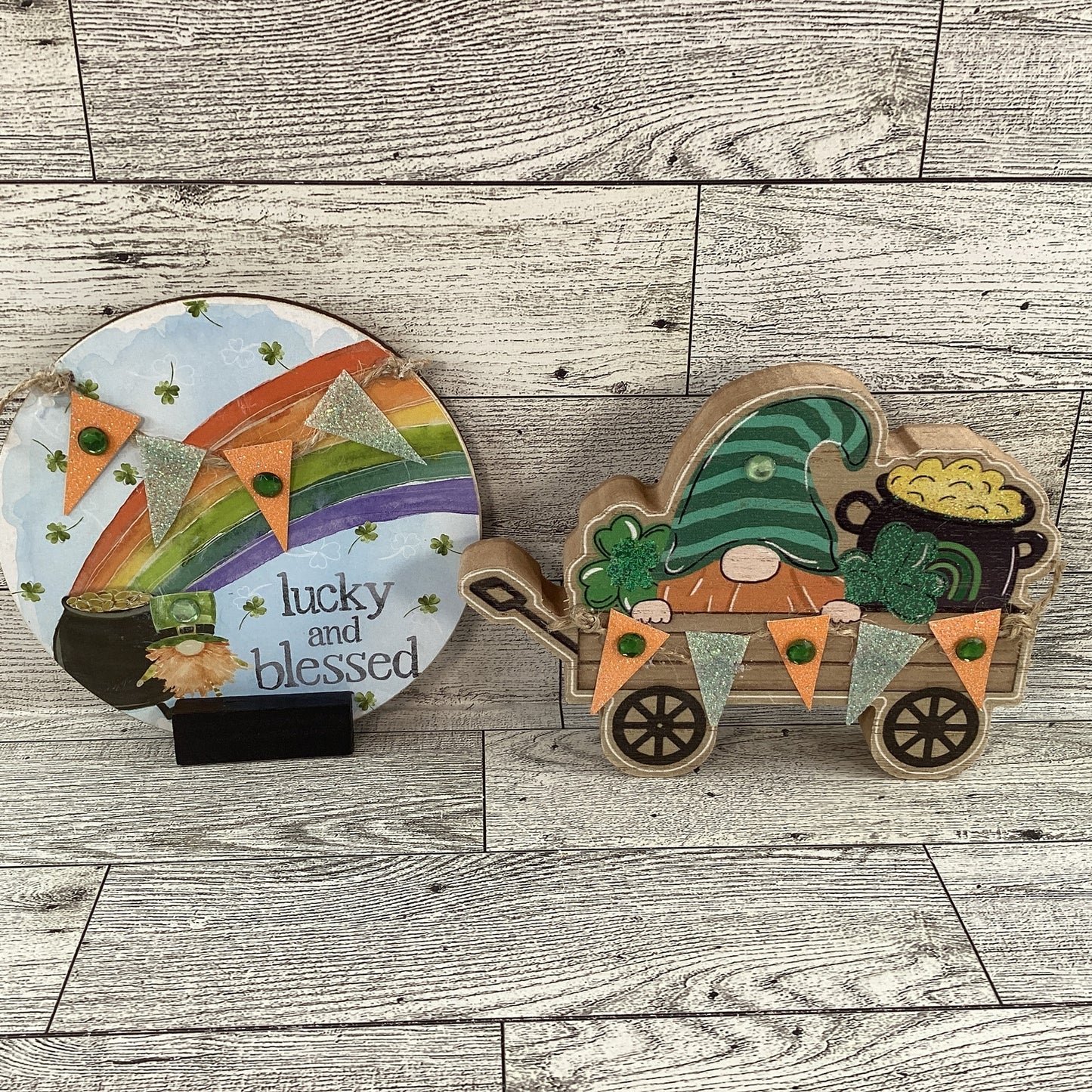 AGD St Patrick's Decor - Lucky Blessed Gnome Chunky Wagon Sign 2pc Set
