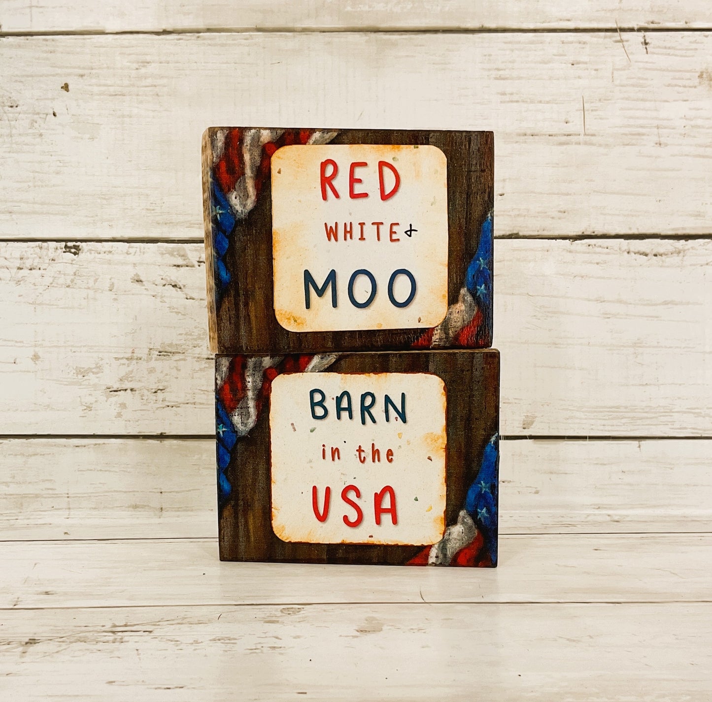 AGD Patriotic Decor- Highland Cow Barn Wood Block Small Signs 2pc