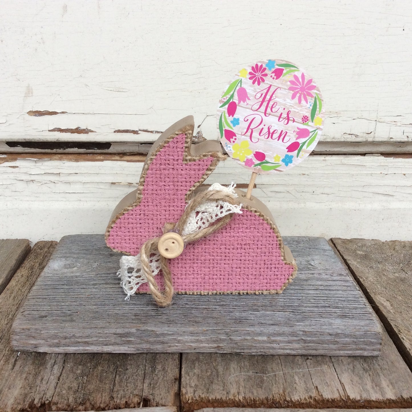 AGD Easter Decor - He is Risen Wood Pink Burlap Bunny