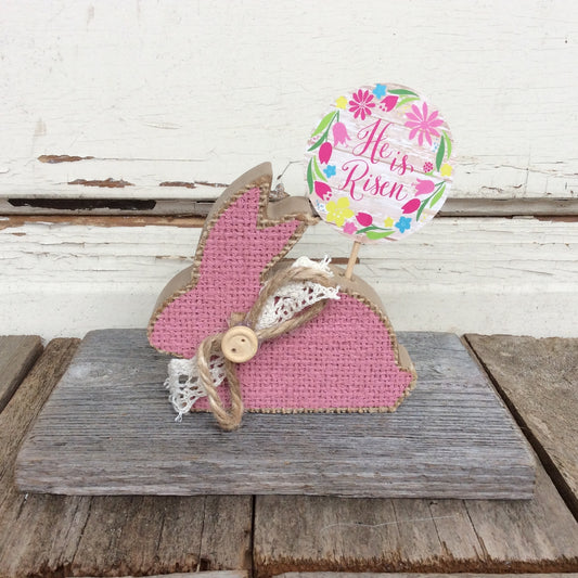AGD Easter Decor - He is Risen Wood Pink Burlap Bunny