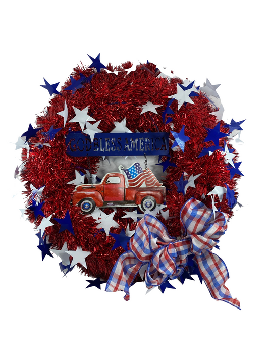 AGD Patriotic Decor -  God Bless America Vintage Truck Tinsel Wreath