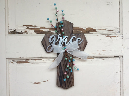 AGD Easter Spring Home Decor - Farmhouse Grace Wood Pipberry Cross